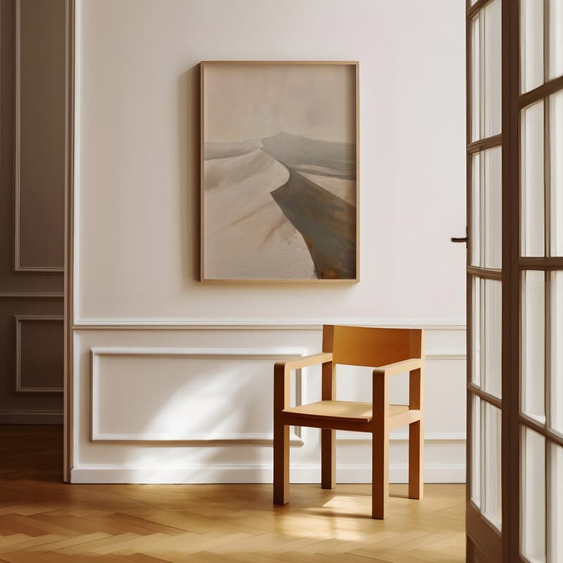 Room view with a full frame of A mid-century oil painting, a desert dune