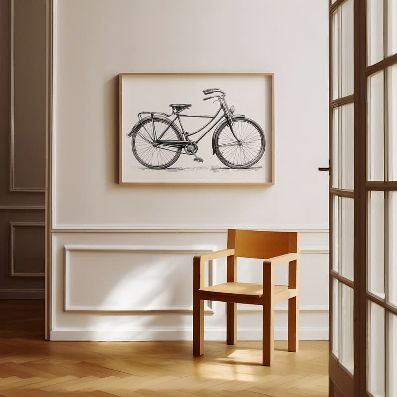 Room view with a full frame of A vintage graphite sketch, a vintage bicycle