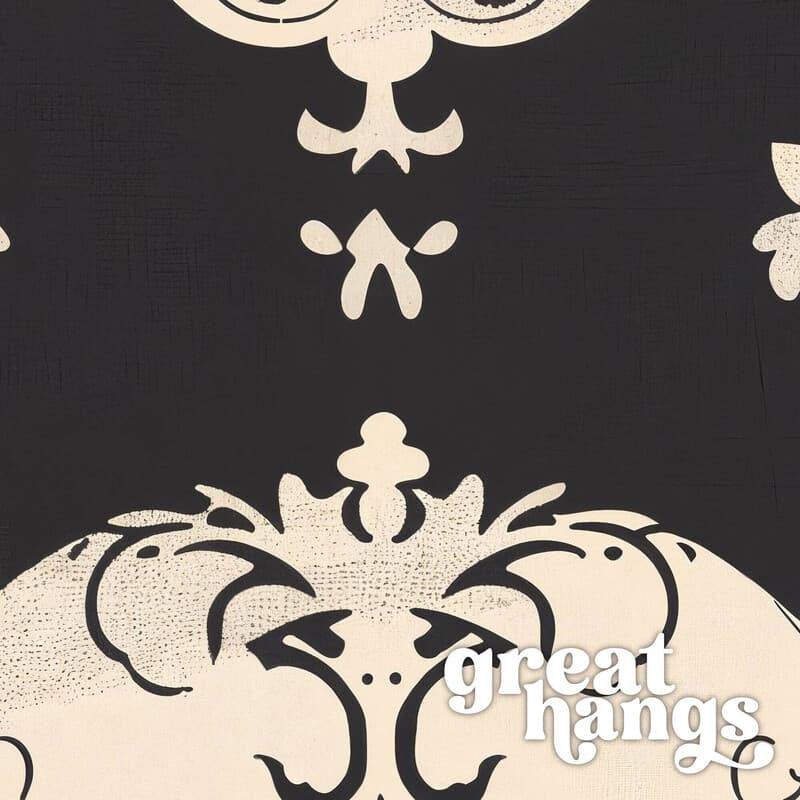 Closeup view of A gothic textile print, symmetric skull pattern