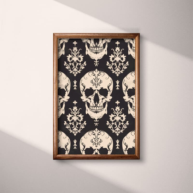 Full frame view of A gothic textile print, symmetric skull pattern