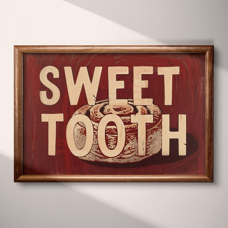 Full frame view of A vintage linocut print, the words "SWEET TOOTH" with a cinnamon roll