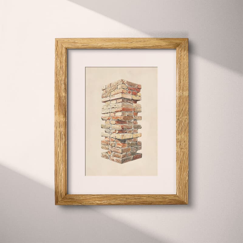Matted frame view of A vintage pastel pencil illustration, a stack of bricks