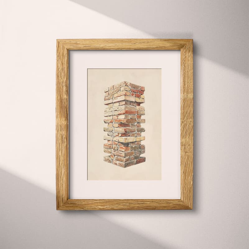 Matted frame view of A vintage pastel pencil illustration, a stack of bricks