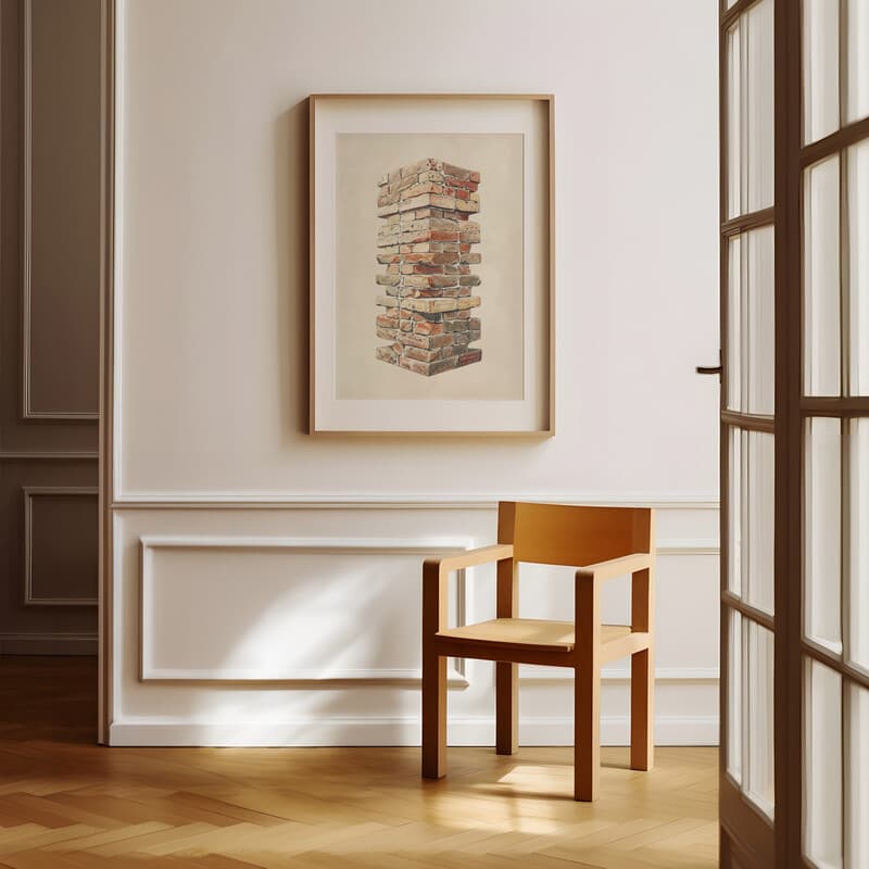 Room view with a matted frame of A vintage pastel pencil illustration, a stack of bricks