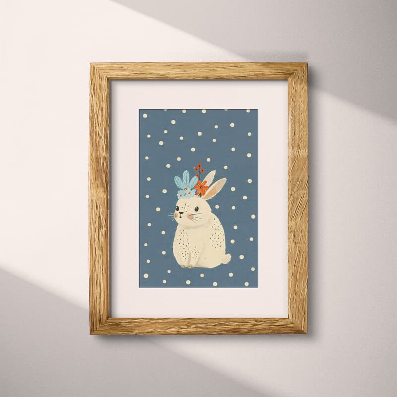 Matted frame view of A cute simple illustration with simple shapes, a rabbit with flowers on its head