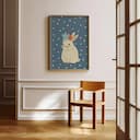 Room view with a full frame of A cute simple illustration with simple shapes, a rabbit with flowers on its head