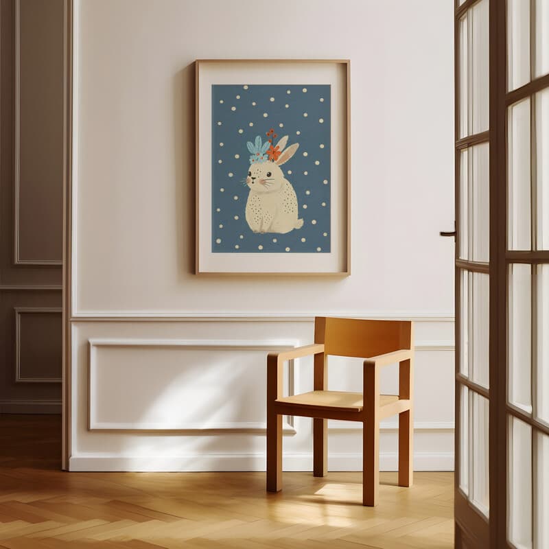 Room view with a matted frame of A cute simple illustration with simple shapes, a rabbit with flowers on its head