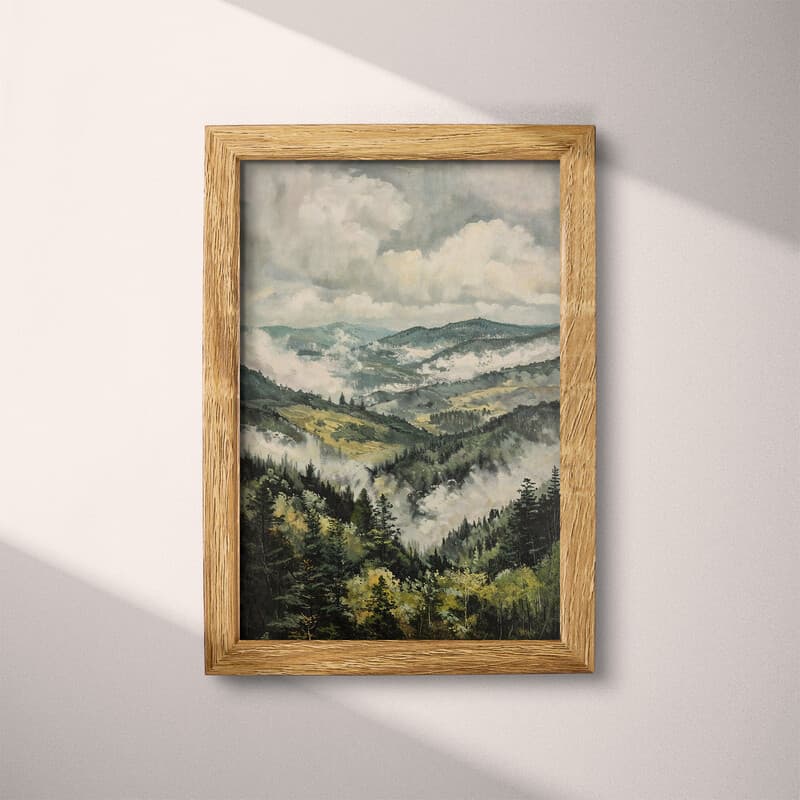 Full frame view of An impressionist oil painting, hills and forest, clouds, view from high up