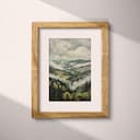 Matted frame view of An impressionist oil painting, hills and forest, clouds, view from high up