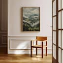 Room view with a full frame of An impressionist oil painting, hills and forest, clouds, view from high up