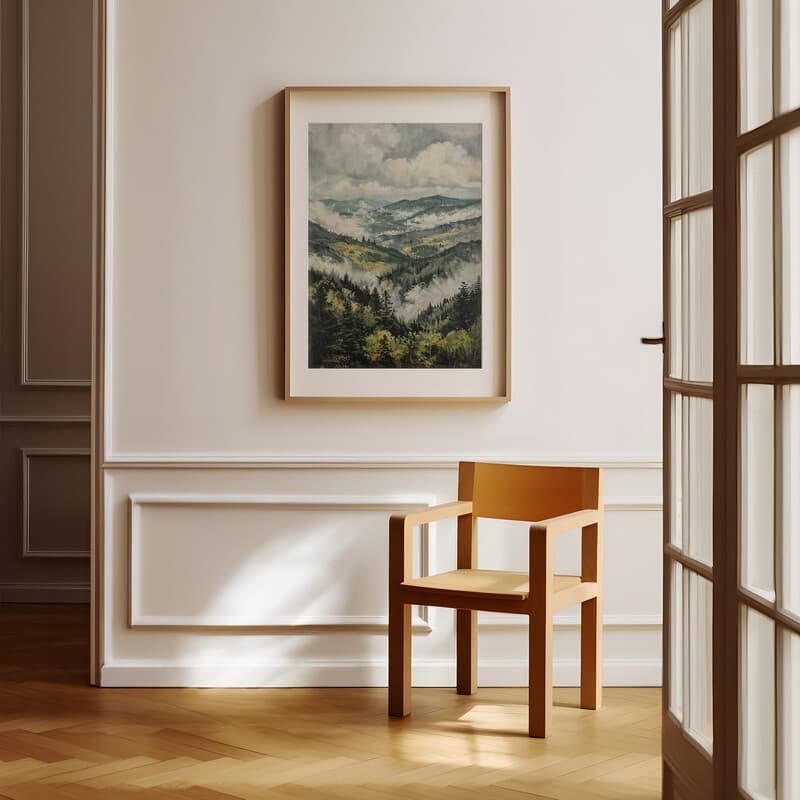 Room view with a matted frame of An impressionist oil painting, hills and forest, clouds, view from high up