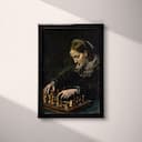 Full frame view of A vintage oil painting, a woman playing chess, side view