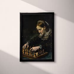 Woman Chess Art | Portraits Wall Art | Portrait Print | Black, Brown, Beige and Orange Decor | Vintage Wall Decor | Game Room Digital Download | Autumn Art | Oil Painting
