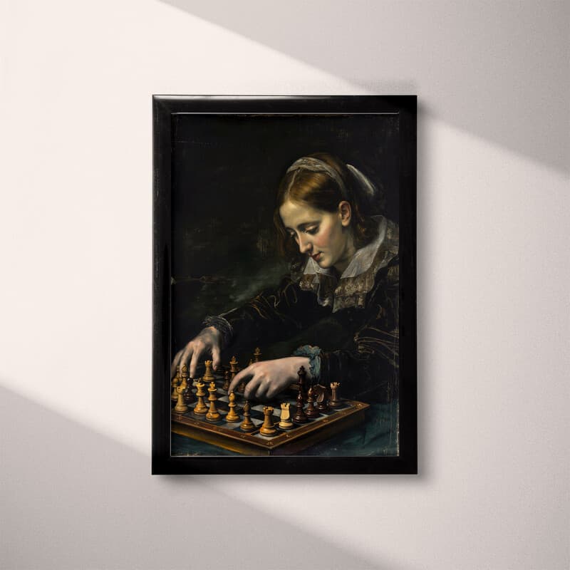 Full frame view of A vintage oil painting, a woman playing chess, side view