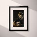 Matted frame view of A vintage oil painting, a woman playing chess, side view