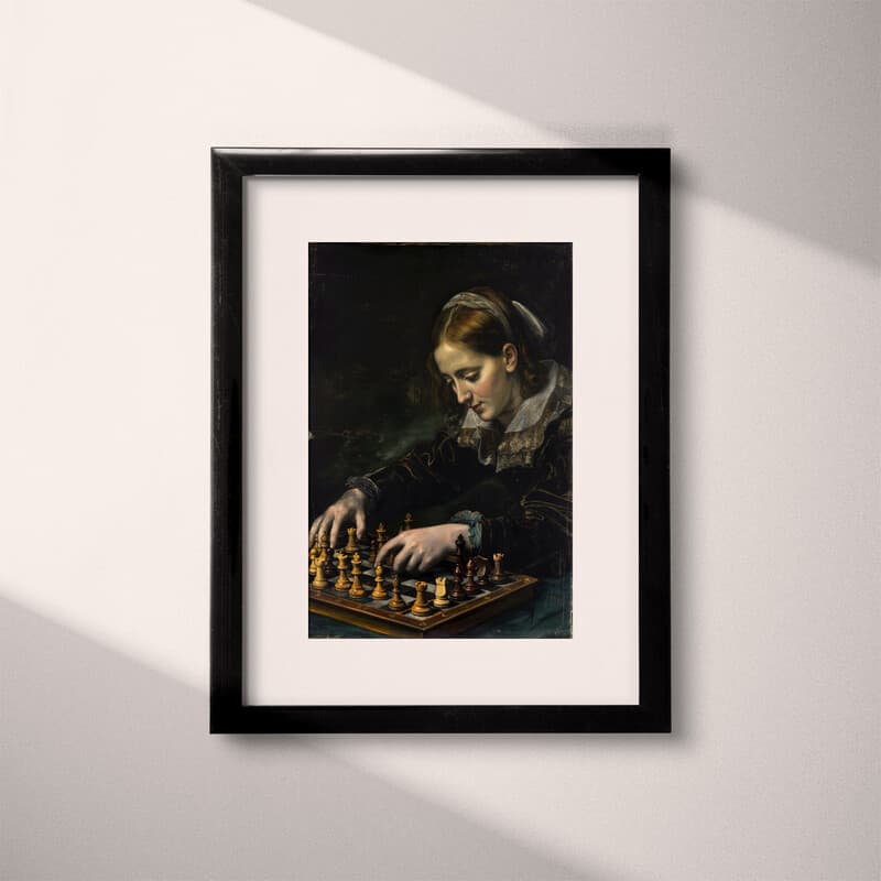 Matted frame view of A vintage oil painting, a woman playing chess, side view