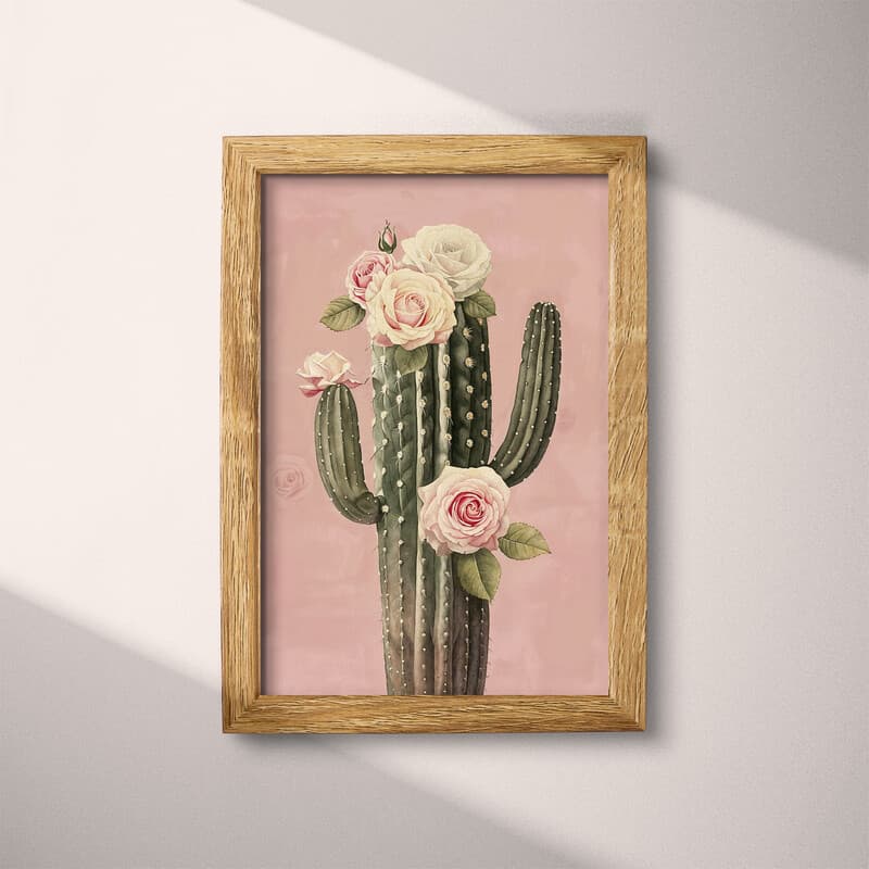 Full frame view of A vintage pastel pencil illustration, a cactus dotted with roses