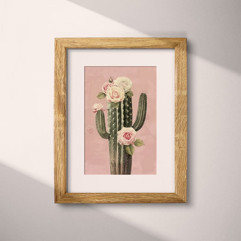 Matted frame view of A vintage pastel pencil illustration, a cactus dotted with roses