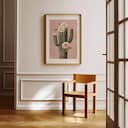 Room view with a matted frame of A vintage pastel pencil illustration, a cactus dotted with roses