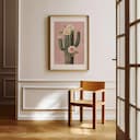 Room view with a matted frame of A vintage pastel pencil illustration, a cactus dotted with roses