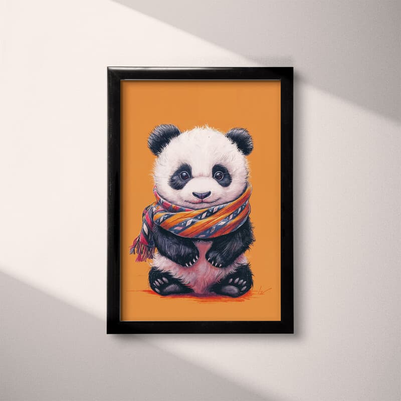 Full frame view of A cute chibi anime pastel pencil illustration, a panda wearing a scarf