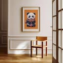 Room view with a matted frame of A cute chibi anime pastel pencil illustration, a panda wearing a scarf