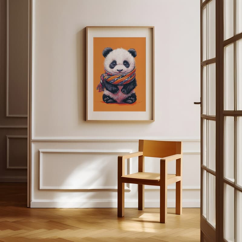 Room view with a matted frame of A cute chibi anime pastel pencil illustration, a panda wearing a scarf