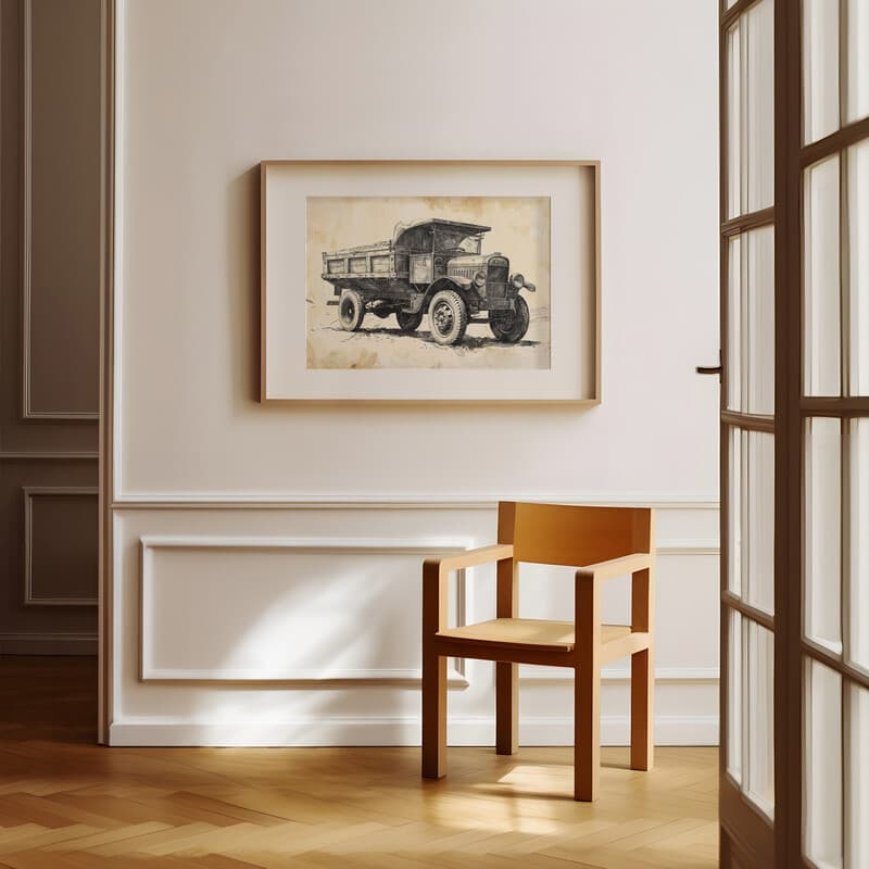 Room view with a matted frame of A vintage ink sketch, a dumptruck