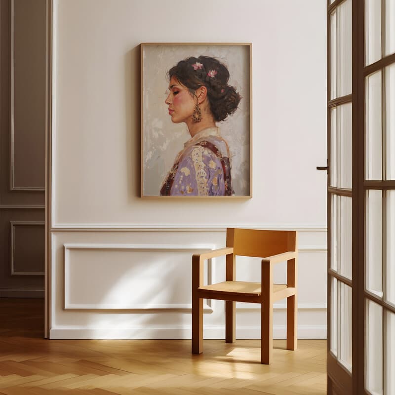 Room view with a full frame of A chicano art oil painting, portrait of a woman, side view