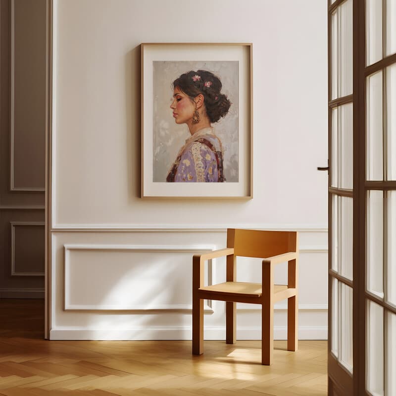 Room view with a matted frame of A chicano art oil painting, portrait of a woman, side view