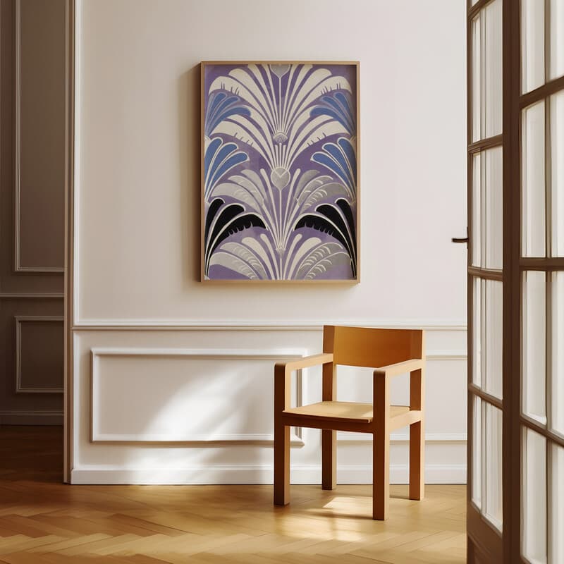 Room view with a full frame of An art deco textile print, symmetric simple pattern