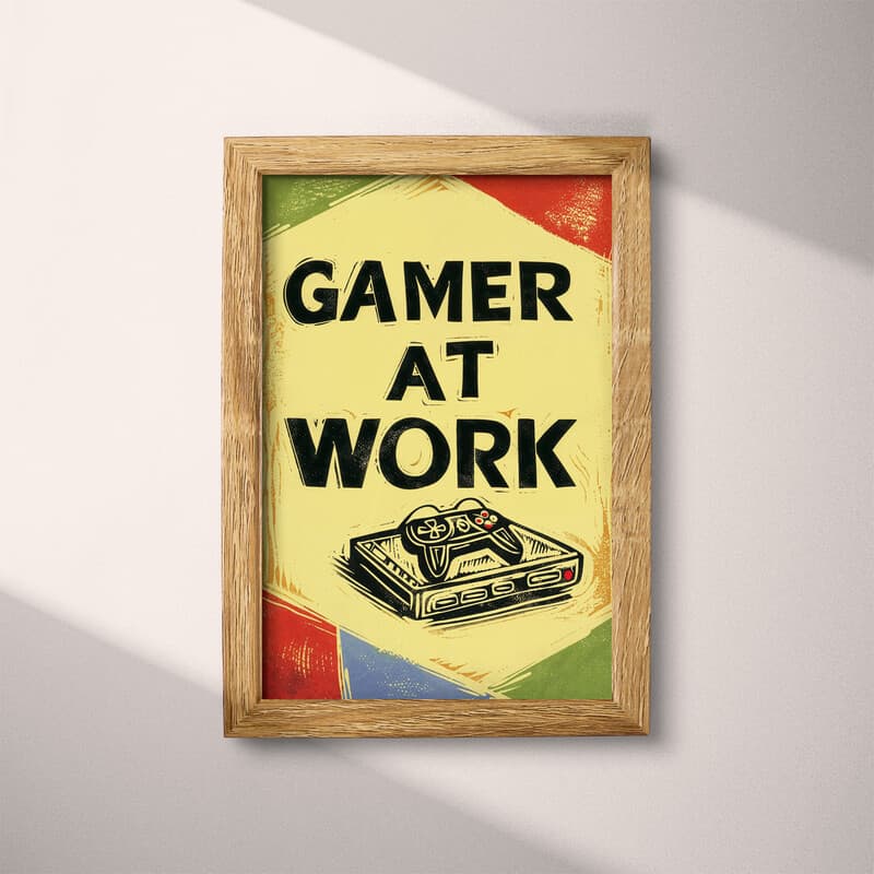 Full frame view of A retro linocut print, the words "GAMER AT WORK" with a game controller