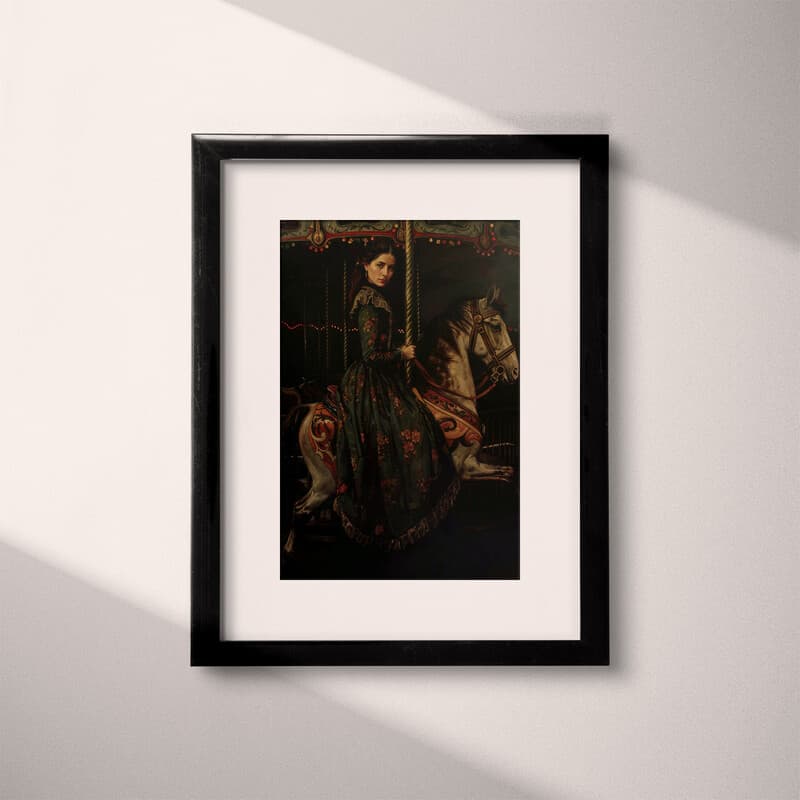 Matted frame view of A vintage oil painting, a wwoman on a merry go round horse, side view