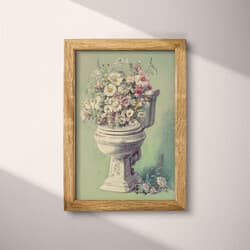 Toilet Digital Download | Bathroom Wall Decor | Flowers Decor | Green, Black and Beige Print | Vintage Wall Art | Bathroom Art | Housewarming Digital Download | Spring Wall Decor | Pastel Pencil Illustration