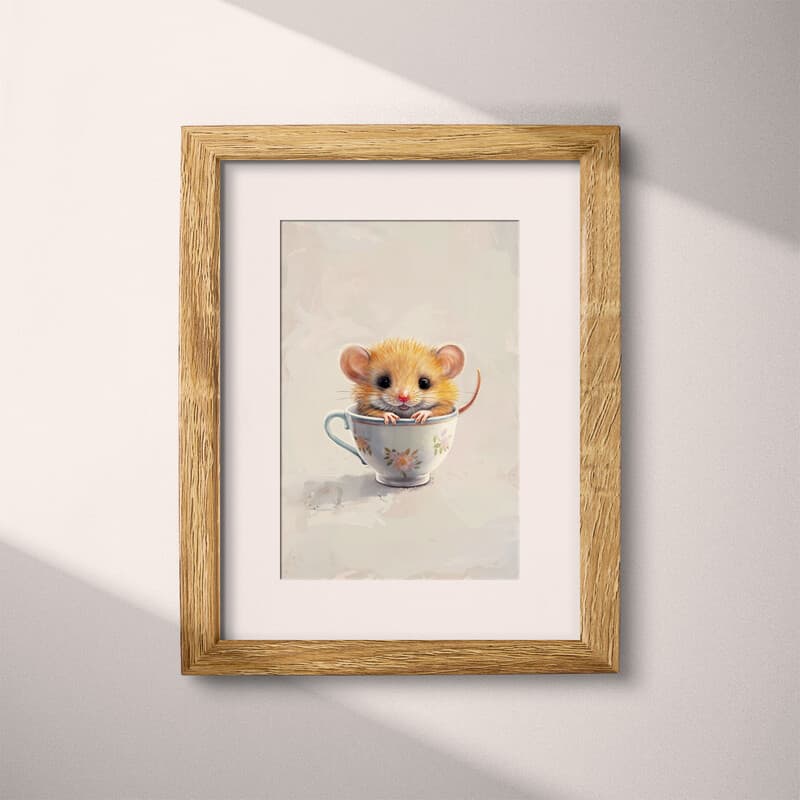 Matted frame view of A cute chibi anime pastel pencil illustration, a mouse in a teacup