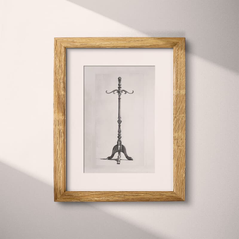 Matted frame view of A vintage graphite sketch, a coat rack