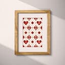 Matted frame view of A vintage textile print, symmetric pattern of hearts and diamonds