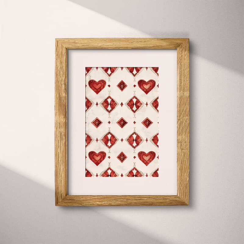 Matted frame view of A vintage textile print, symmetric pattern of hearts and diamonds