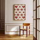 Room view with a full frame of A vintage textile print, symmetric pattern of hearts and diamonds