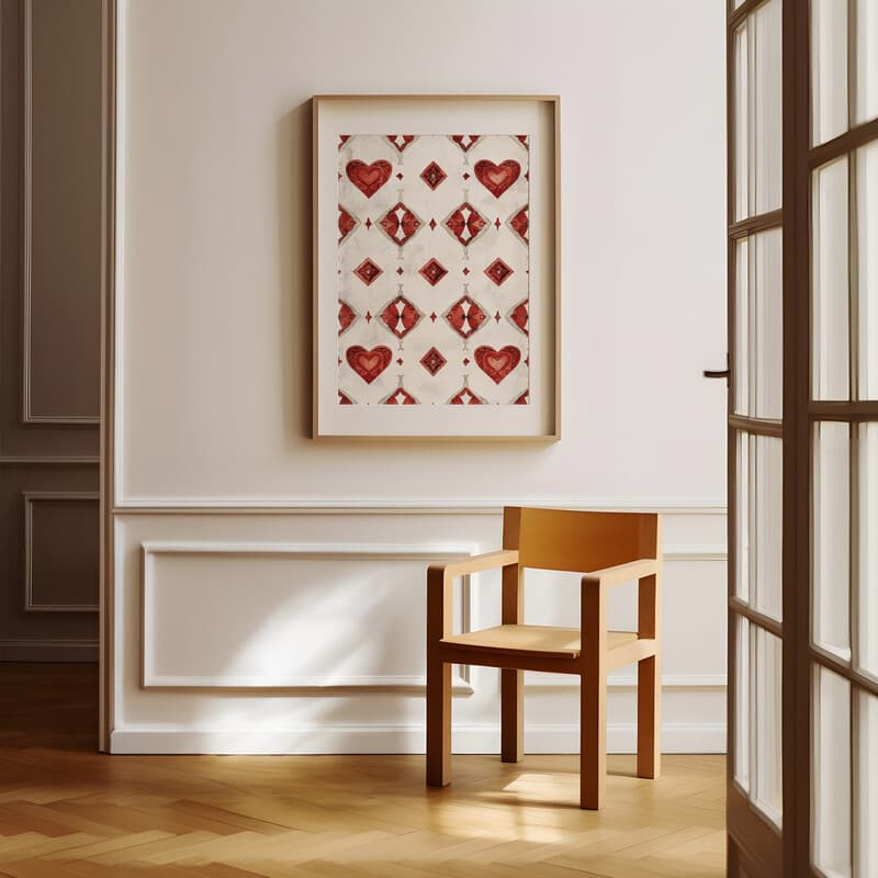 Room view with a matted frame of A vintage textile print, symmetric pattern of hearts and diamonds