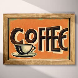 Coffee Cup Art | Coffee Wall Art | Food & Drink Print | Orange, Black, Beige, Green and Brown Decor | Vintage Wall Decor | Kitchen & Dining Digital Download | Housewarming Art | Autumn Wall Art | Linocut Print