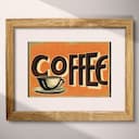 Matted frame view of A vintage linocut print, the word "COFFEE" with a cup of coffee