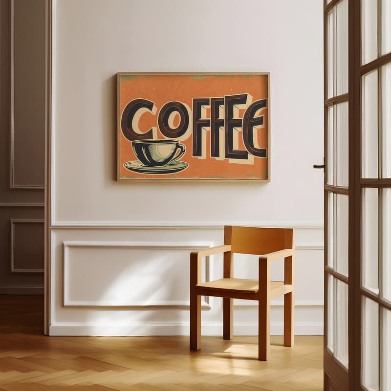 Room view with a full frame of A vintage linocut print, the word "COFFEE" with a cup of coffee