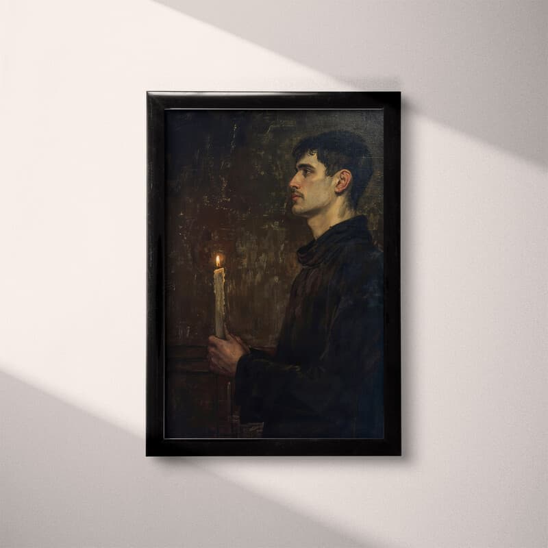 Full frame view of A vintage oil painting, a man with a candle, side view