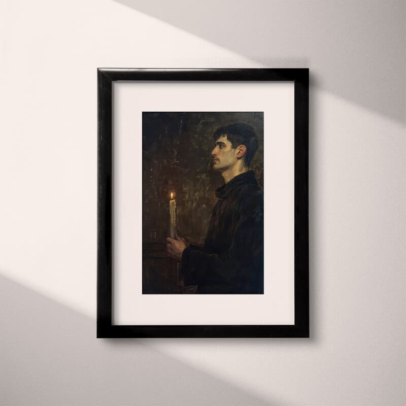 Matted frame view of A vintage oil painting, a man with a candle, side view