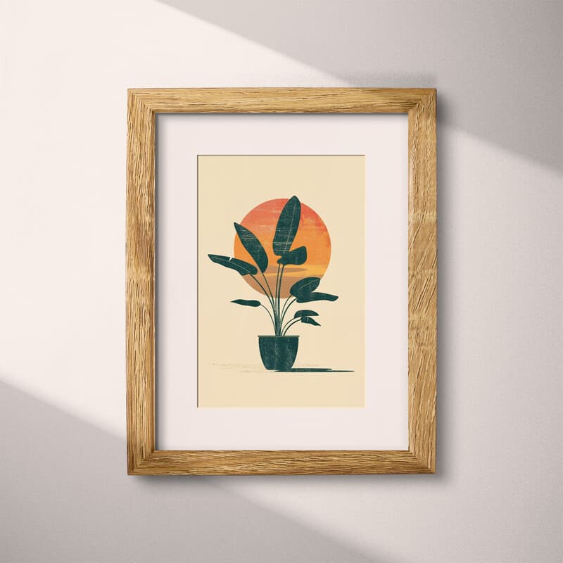 Matted frame view of An abstract retro flat 2D illustration, potted plant under a sunset