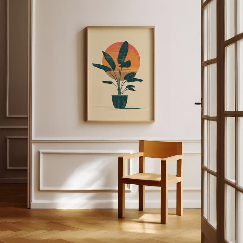 Room view with a full frame of An abstract retro flat 2D illustration, potted plant under a sunset