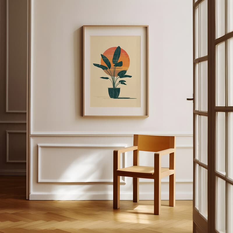 Room view with a matted frame of An abstract retro flat 2D illustration, potted plant under a sunset