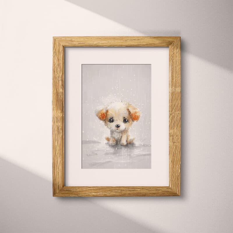 Matted frame view of A cute chibi anime pastel pencil illustration, a dog in the rain