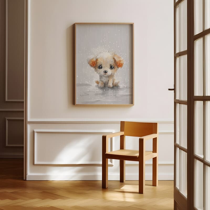 Room view with a full frame of A cute chibi anime pastel pencil illustration, a dog in the rain